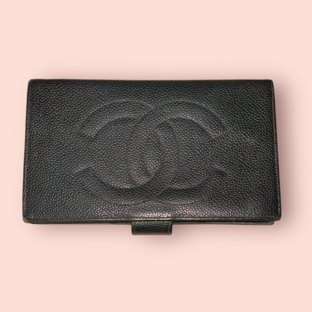 CHANEL | Black Caviar Leather Large CC Flap Wallet with Snap Closure